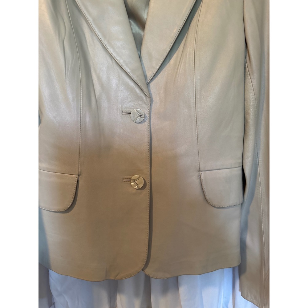 Anglun Womens Beige Leather Blazer Jacket Size L Two Button Tailored Lined Tan - Picture 2 of 9